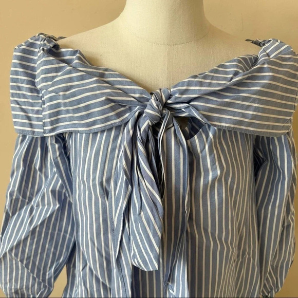 Pleione Off Shoulder Bow Top In Blue White Stripe Size S 14485 - Picture 8 of 11